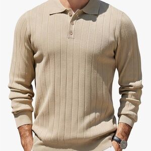 Tan Ribbed Long Sleeve Polo Sweater